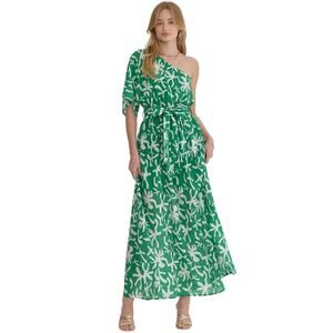 Entro Nina Green One-Shoulder Printed Midi Dress with Slit Sz S - NWT